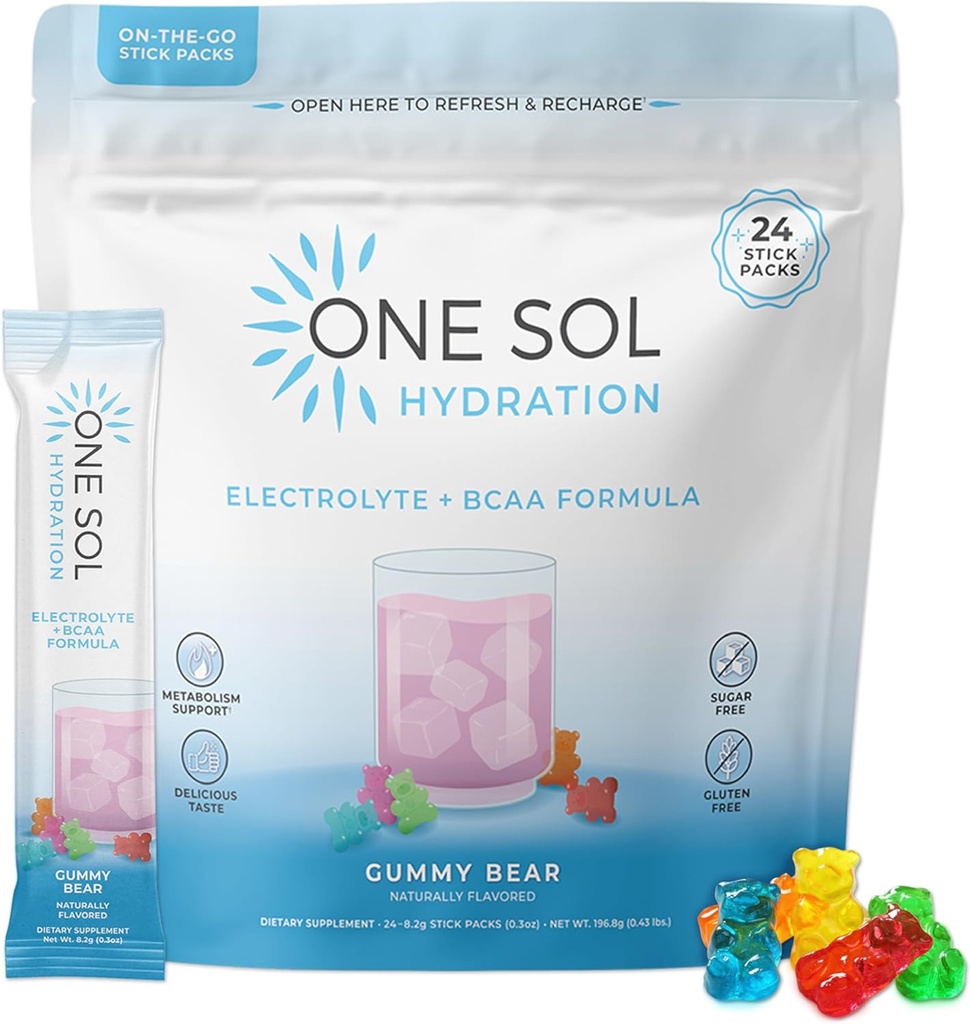 One Sol BCAA & Electrolyte Powder for Hydration & Energy, All- Natural Formel, 100% Vegan, Non- GMO, Gluten Free & Soy- Free, fremmer muskelvækst & Inddrivelse, Gummy Bear Flavor
