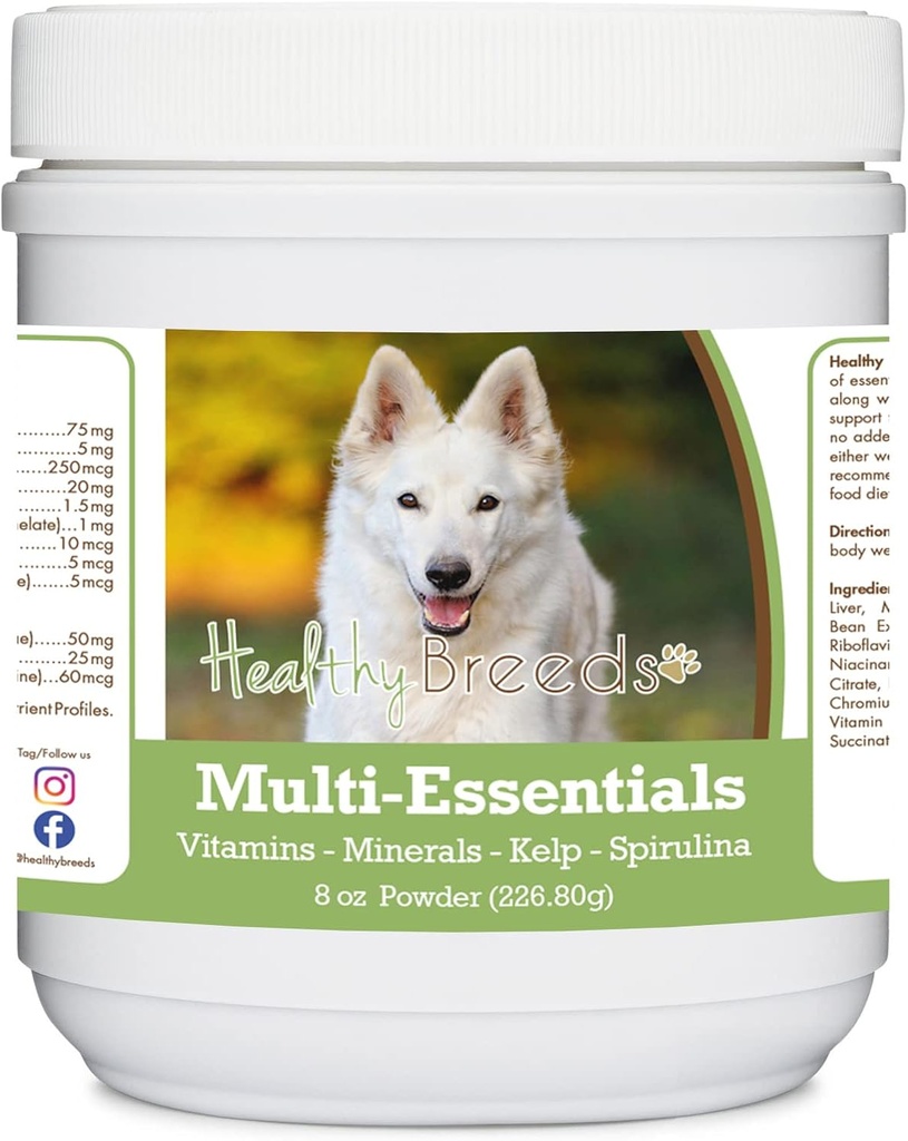 Sunde racer Tysk Shepherd, Hvid, Multi- Essentials Powder til Hunde - en ideel supplement af vitaminer, mineraler & antioxidanter til din hund - 8 oz