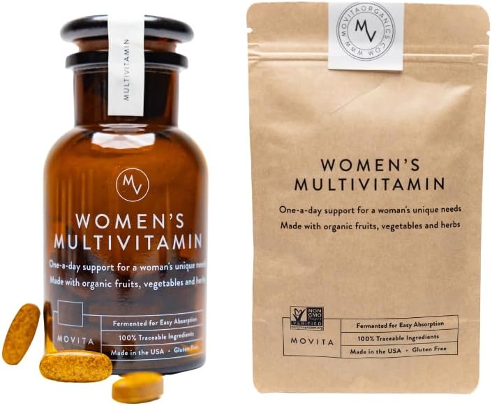 Movita Women 's Daily Multivitamin Flaske & Pouch Bundle - Økologisk Gæret Hel fødevarer til Forstærket Energi, Immunitet & Vitality - Vegan, Gluten- Free, Non- GMO