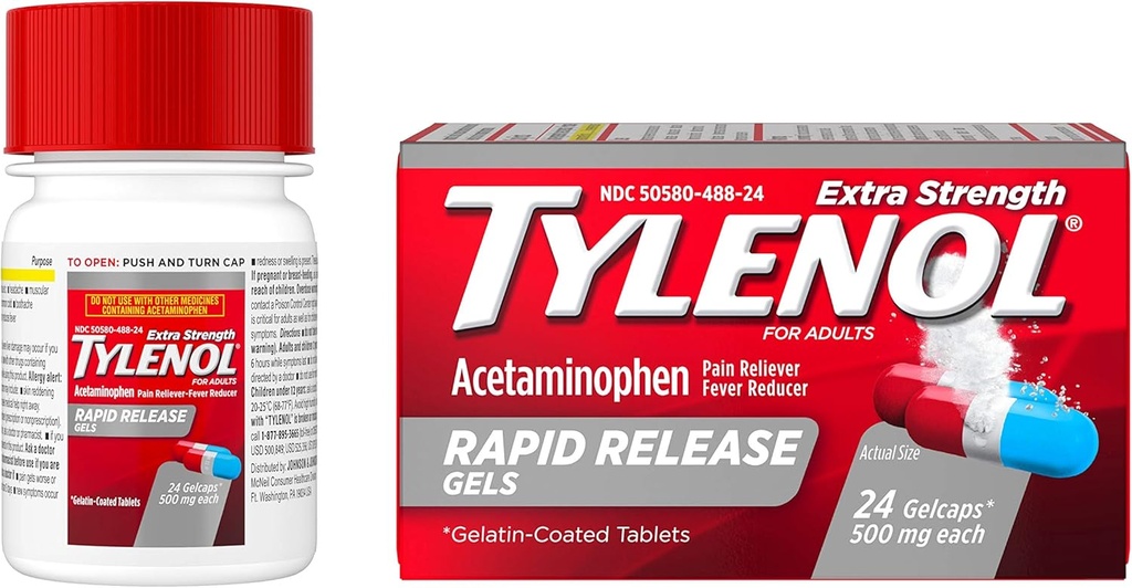 Tylenol Ekstra styrke Acetaminophen Rapid Release Gels, Pain Reliever & Feber Reducer, 24 ng