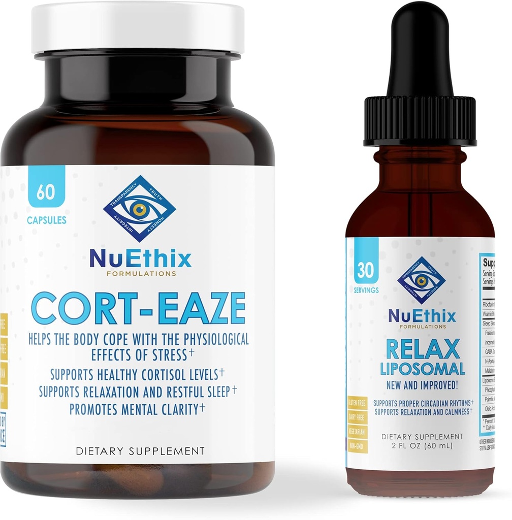 NuEthix Formuleringer Afslapning Supplement Bundle: Cort- Eaze Cortisol- Control Supplement, 60 Kapsler, 30 Servere og Slap af Liposomal, 2 Fluid Ounces, 30 Servere