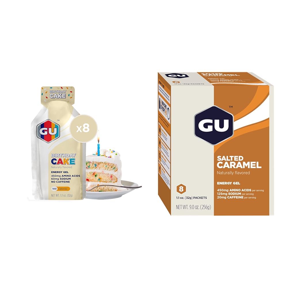 GU Energi Original Sport Nutrition Energy Gel, 8-grev fødselsdag kage og 8-grev Saltet Caramel Artiskokker
