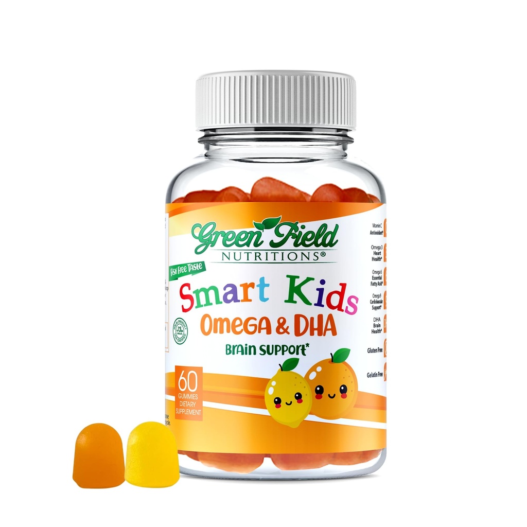 Greenfield Nutritions Smart Kids Halal Omega 3 Gummies med DHA - 60 Halal Vitaminer til børn, Understøtter Brain & immunsundhed - Vegan, Non- GMO, Gluten, Gelatin- Free og Peanut- Free Halal Gummy Vitaminer