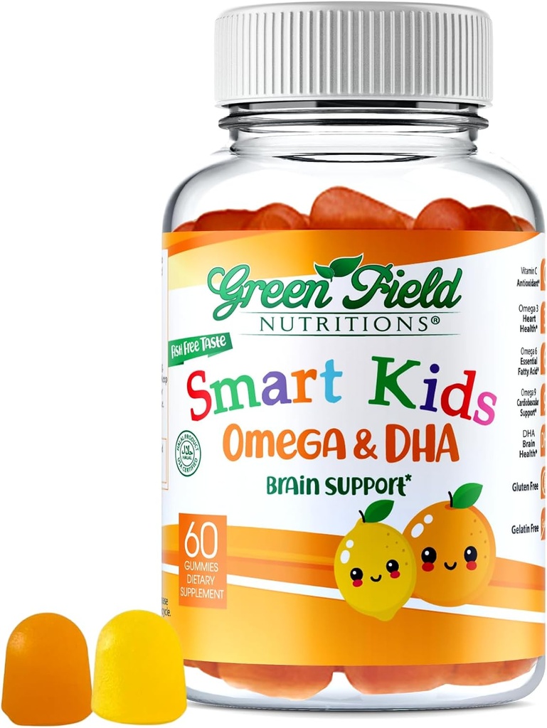 Greenfield Nutritions Smart Kids Halal Omega 3 Gummies med DHA - 60 Halal Vitaminer til børn, Understøtter Brain & immunsundhed - Vegan, Non- GMO, Gluten, Gelatin- Free og Peanut- Free Halal Gummy Vitaminer