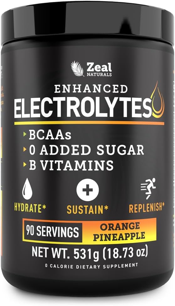 Zeal Naturals Electrolyte Powder Recovery Drink (90 Serveringer - 124; Orange Ananas) w 0 Sukker + BCAAs + B-Vitaminer Electrolyte Supplement w Kalium Zink & Magnesium for Hydration - Keto Electrolytes