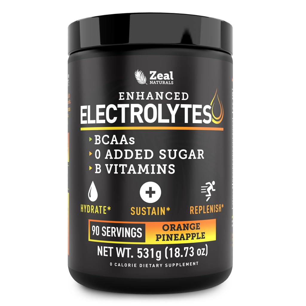 Zeal Naturals Electrolyte Powder Recovery Drink (90 Serveringer - 124; Orange Ananas) w 0 Sukker + BCAAs + B-Vitaminer Electrolyte Supplement w Kalium Zink & Magnesium for Hydration - Keto Electrolytes