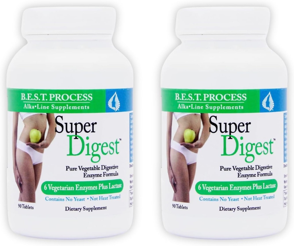 SuperDigest (2 Pack) Bedste Process Alkaline - Multi- Enzyme fordøjelsesstøtte - Digitale enzymer med Alfalfa, Papain & Bromelain (Vegetarisk Friendly)