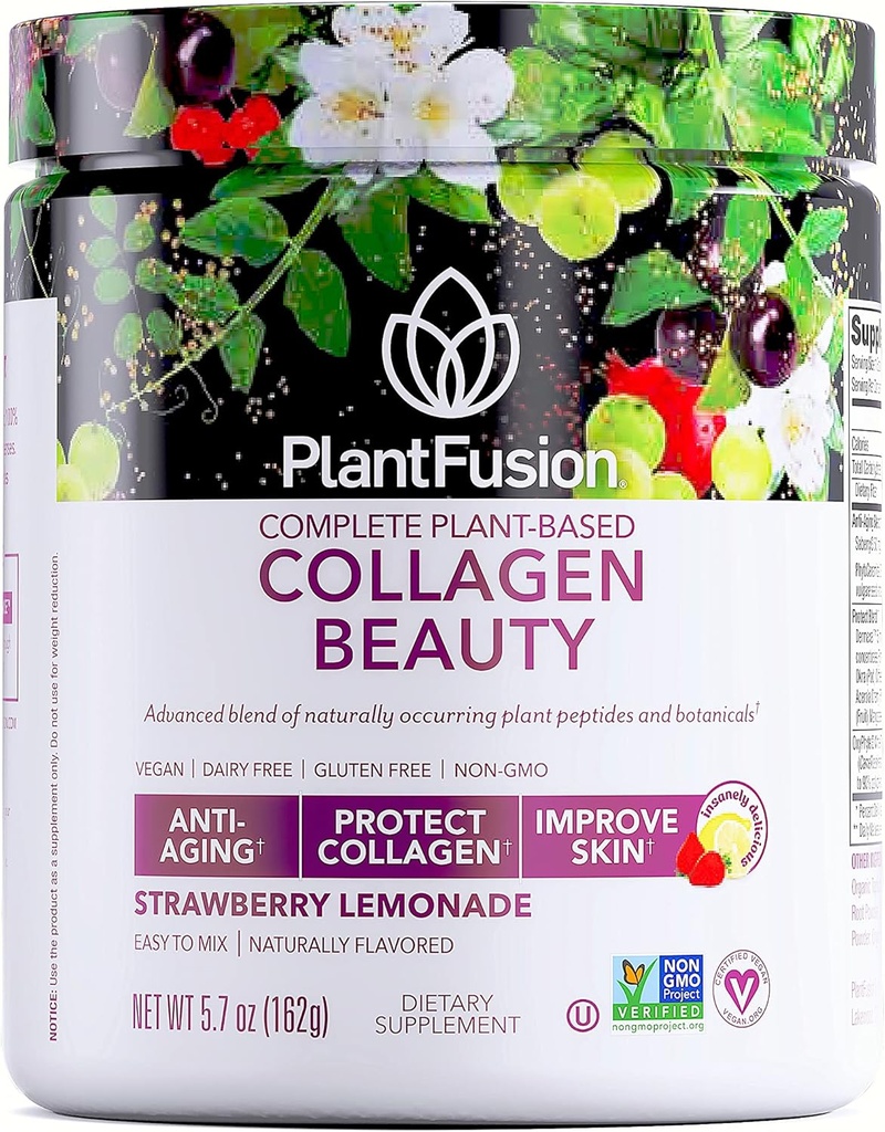 PlantFusion Vegan Collagen Skønhed - Vegan Collagen Pulver til kvinder - Hår hud og negle Vitaminer - Gluten fri, ikke-GMO, non-Dairy (Jordbær Lemonade 18 Servering)