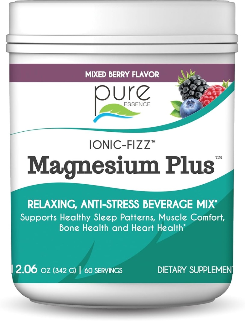Pure Essence Labs Ionic Fizz Magnesium Plus, Anti- Stress Supplement Drink Powder, Gluten Free og Non- GMO Magnesium Powder (blandet berry, 12.06 Ounce (pakke med 1))