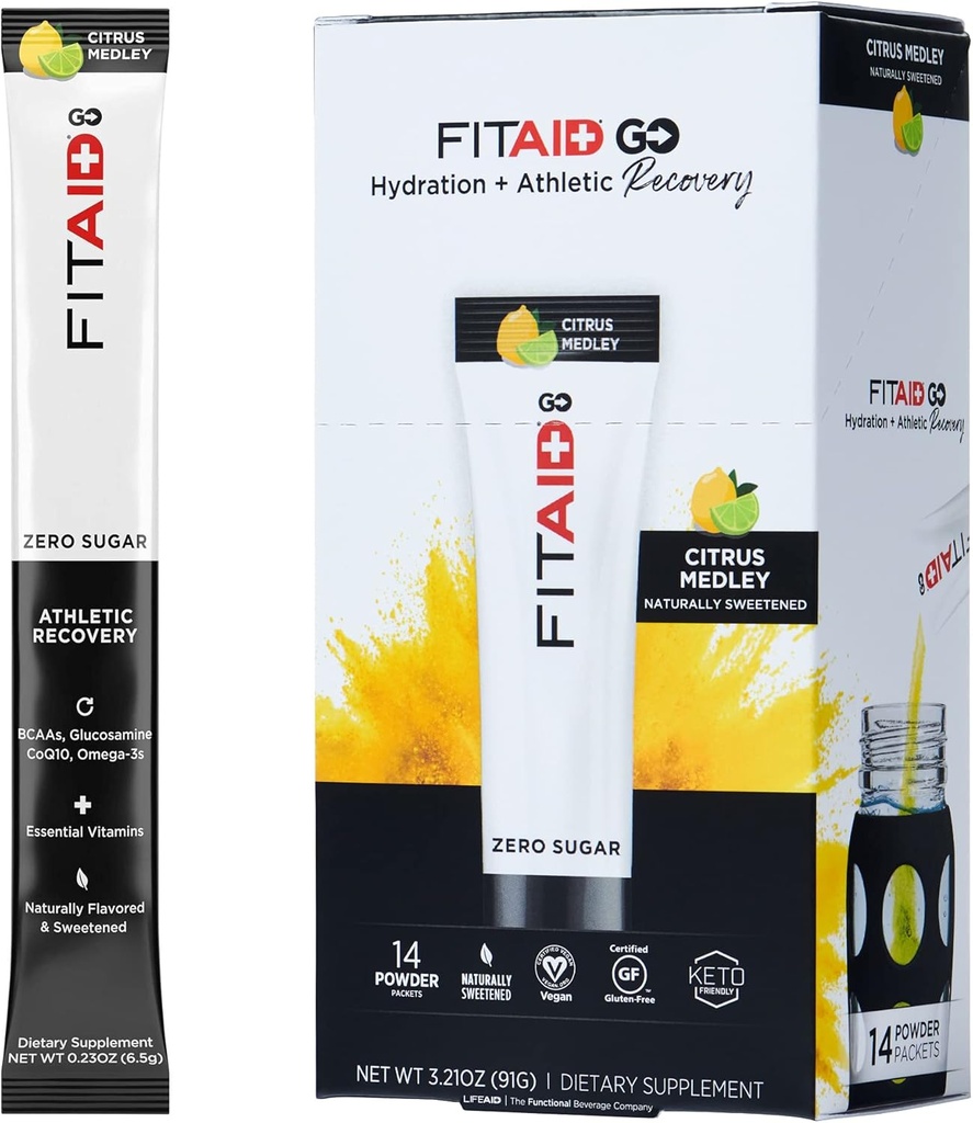 FITAID GO ZERO SUGAR Inddrivelse Hydration Packet, W / BCAAs, Glucosamin, Electrolytes, Omega- 3s, 100% Clean, Keto- venlig, Vegan & Gluten- Free, 5 kalorier, naturligt sødet, 14 pakke