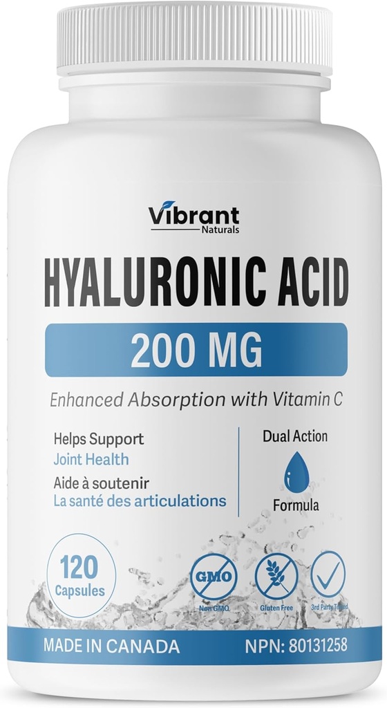 Hyaluronsyre Supplement 200mg - 120 kapsler, med vitamin C 100mg, Fælles & hudsundhed, Non- GMO gæring, Gluten Free, tredjeparts testet, biotilgængelig formel