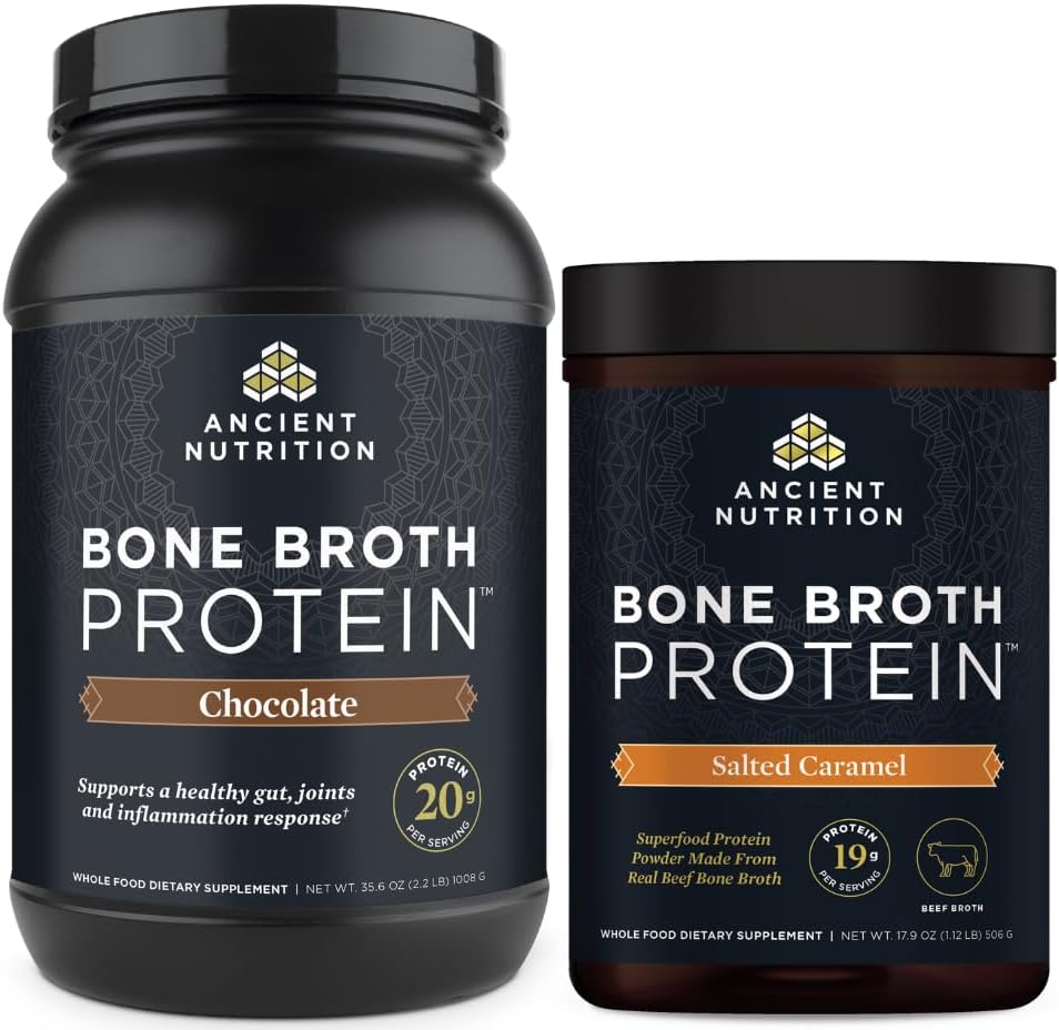 Ancient Nutrition Bone Broth Protein Powder, Chocolate, 40 Servere + Beef Bone Broth Protein Powder, Saltet Caramel, 20 Servere