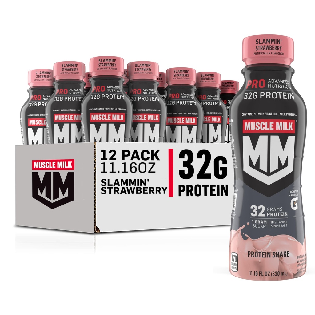 Muskelmælk Pro Advanced Nutrition Protein Shake, Slammin 'Strawberry, 11.16 Fl Oz (Pack of 12), 32g Protein, 1g Sugar, 16 Vitamin & Minerals, 5g Fiber