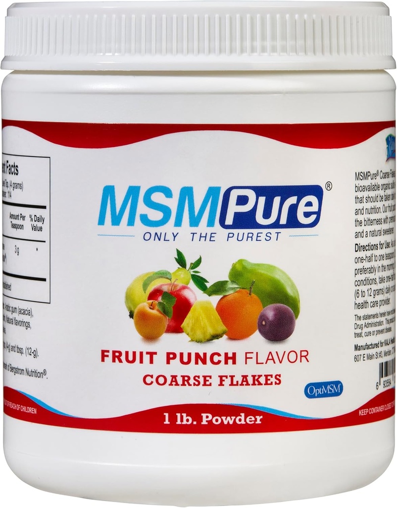 KALA Health MSMPure Fruit Punch Flashed Coass MSM Powder Flager - Organisk svovl til fælles fleksibilitet, hududseende, og hår & negl support - 1 LB, USA Made, Destillerede krystaller