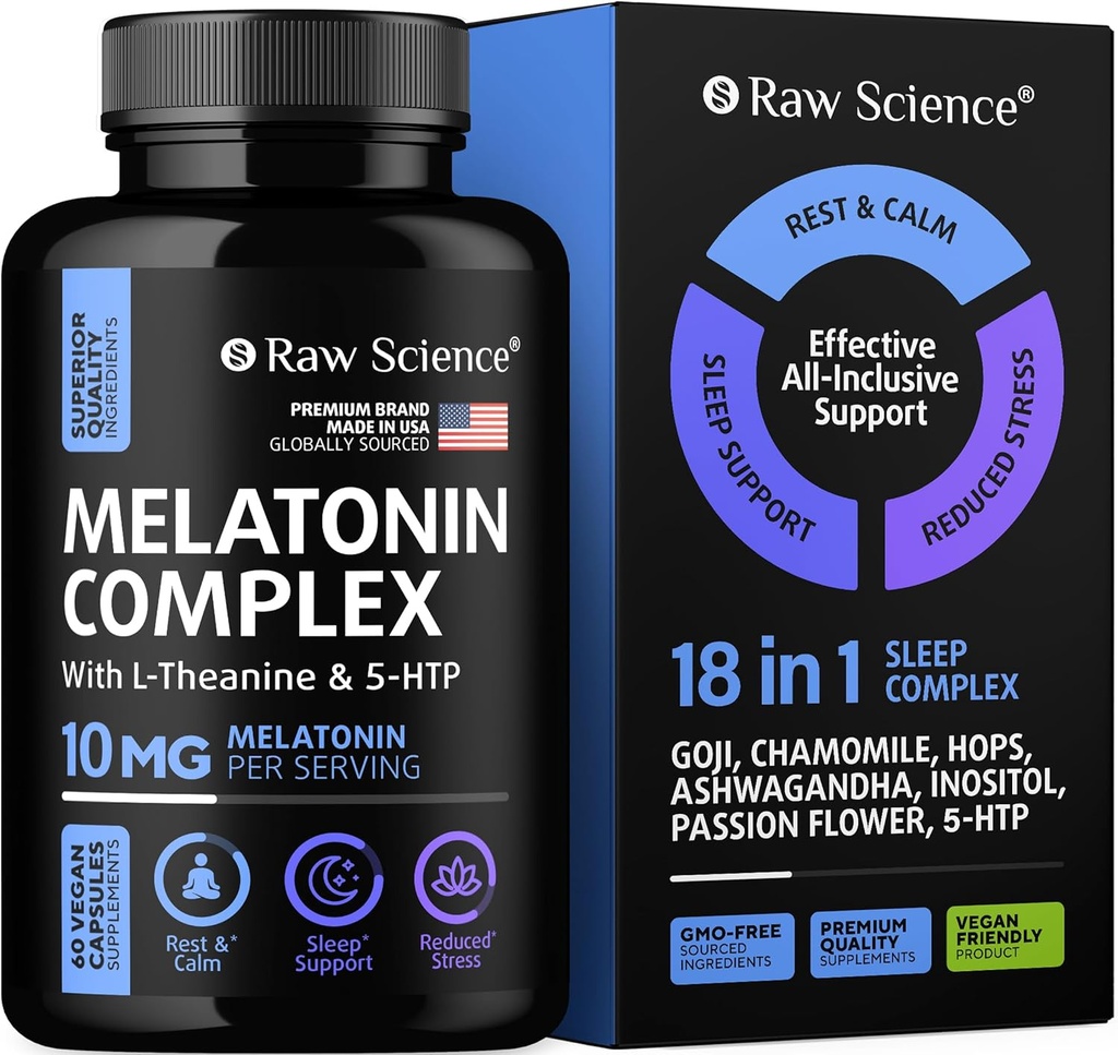 Melatonin 10mg dvaletilskud - L Theanin, GABA Calm, L- Tryptophan - Dyb dvaletilskud til voksne med Ashwagandha, Passion Flower, Lemon Balm, Kamille, Magnesium dvalestøtte - 60 kapsler