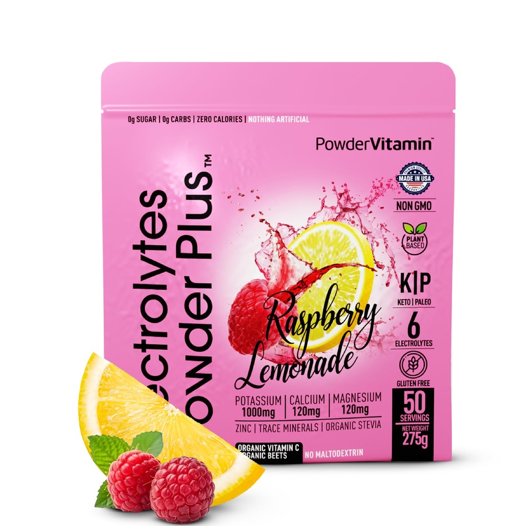 PowderVitamin Electrolytes Powder Plus (50 Servere) Raspberry Lemonade Electrolyte Powder Zero Calorie Keto, 0 Sugar, No Maltodextrin, 1000mg Kalium, 120mg Calcium, 120mg Magnesium, Hydrationspulver