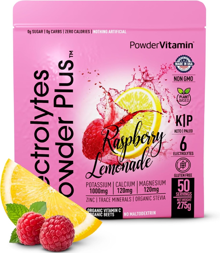 PowderVitamin Electrolytes Powder Plus (50 Servere) Raspberry Lemonade Electrolyte Powder Zero Calorie Keto, 0 Sugar, No Maltodextrin, 1000mg Kalium, 120mg Calcium, 120mg Magnesium, Hydrationspulver