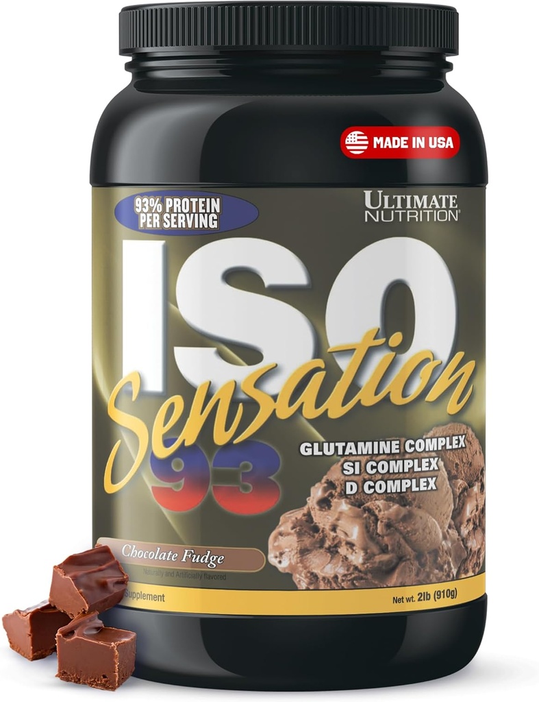 Ultimate Nutrition Whey Protein Isolate Powder med Glutamin Complex, ISO Sensation 93 - Whey Protein Powder med Tilføjet Colostrum til forbedret inddrivelse, Immunitet & Gut Sundhed - Chokolade Fudge, 2lbs