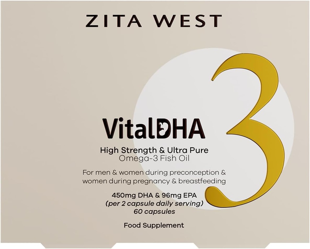 Zita West Vital DHA - Prenatal DHA og EPA med zink til fertilitet, graviditet og amning - Omega 3 til hjernemodning - 60 kapsler (1 måned Tilgang)