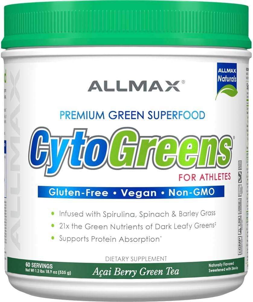 ALLMAX Nutrition - Cytogreens Super Green Powder, Infunderes med Spirulina, Spinach & Barley Grass, Understøtter immunforsvar & fordøjelse, Gluten Free & Vegan, 60 Servere (Acai Berry Green Tea)
