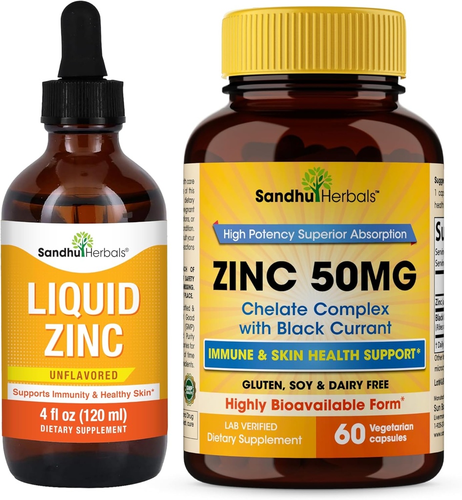Sandhu Herbals Flydende Zink dråber 4 Oz & Zink kapsler 60 Greve Supplement 124; Understøtter immunforsvar og hud sundhed