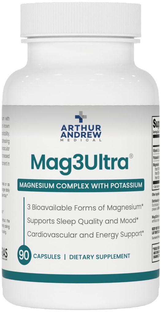 Arthur Andrew Medical, Mag3Ultra Triple Magnesium Supplement, Sucrosomial, Bisglycinate, Taurate for Muscle, Stress, Mood, Nerve, Bone & Heart Support, 90 Kapsler