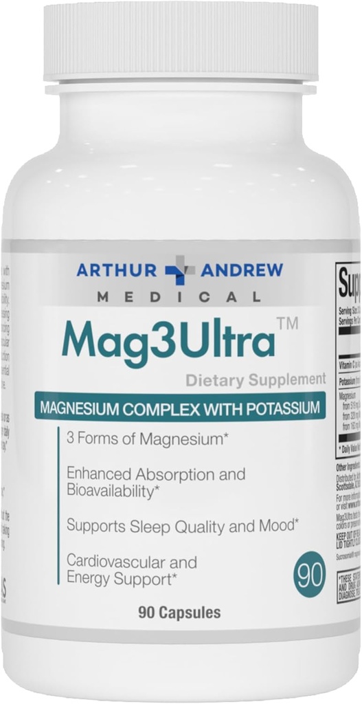 Arthur Andrew Medical, Mag3Ultra Triple Magnesium Supplement, Sucrosomial, Bisglycinate, Taurate for Muscle, Stress, Mood, Nerve, Bone & Heart Support, 90 Kapsler