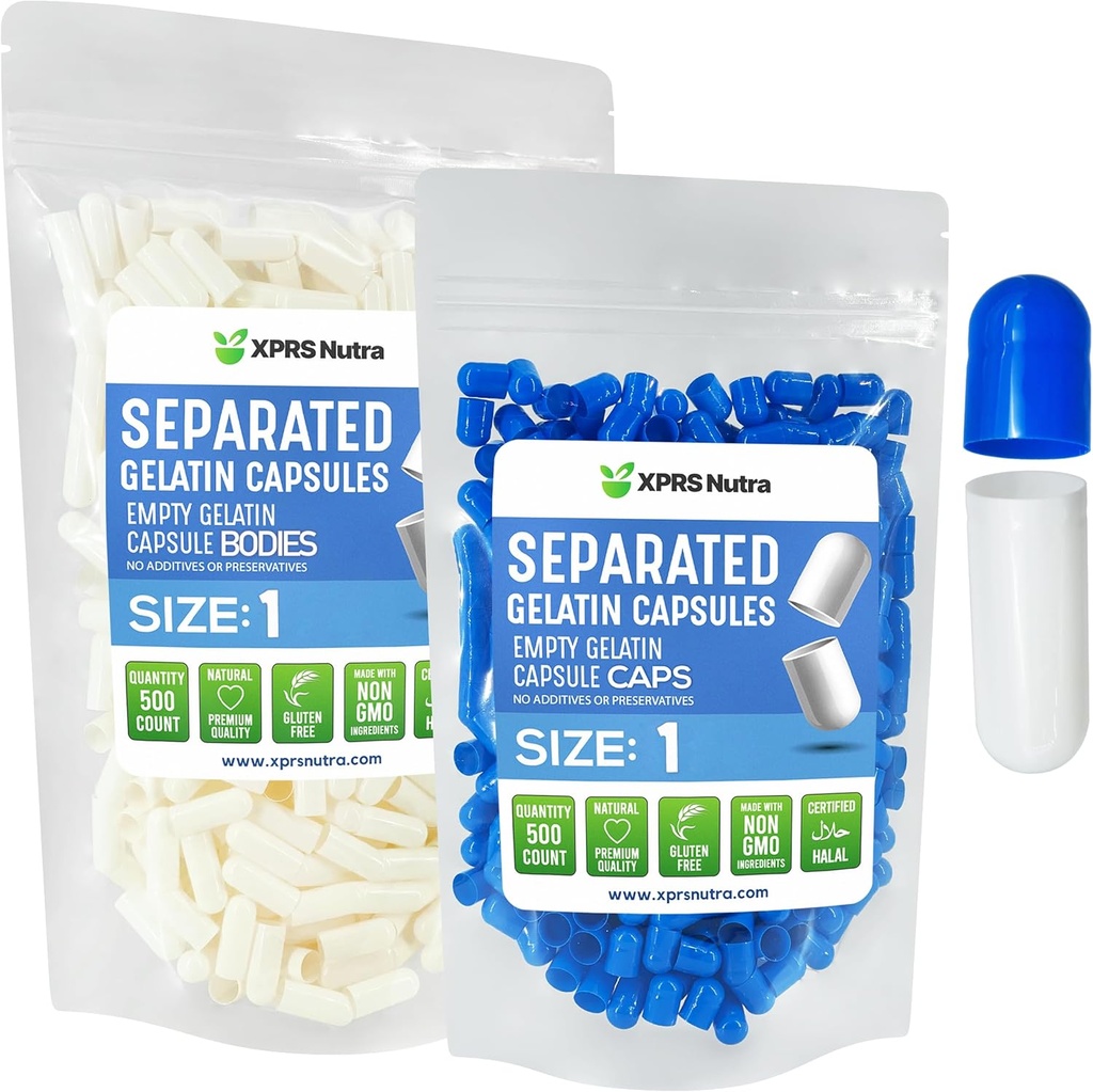 XPRS Nutra Størrelse 1 Gelatine Separated Capsules - 500 Grev tomme piller kapsler Separeret i sække - Tomme piller Tom for dig supplement påfyldning (blå / hvid)