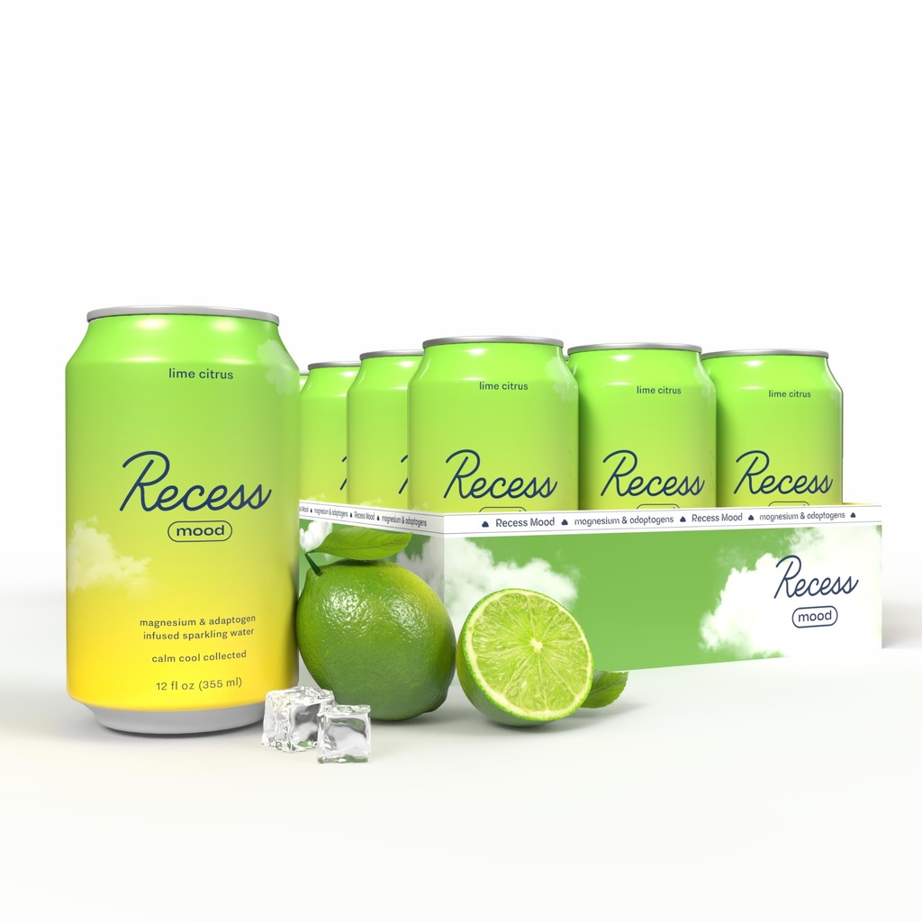 Recess Mood Magnesium & Adaptogen Drink, Afslapning Drikkevarer, 12 Unse (Lime Citrus, 12 pakke)