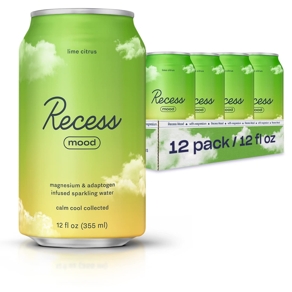 Recess Mood Magnesium & Adaptogen Drink, Afslapning Drikkevarer, 12 Unse (Lime Citrus, 12 pakke)