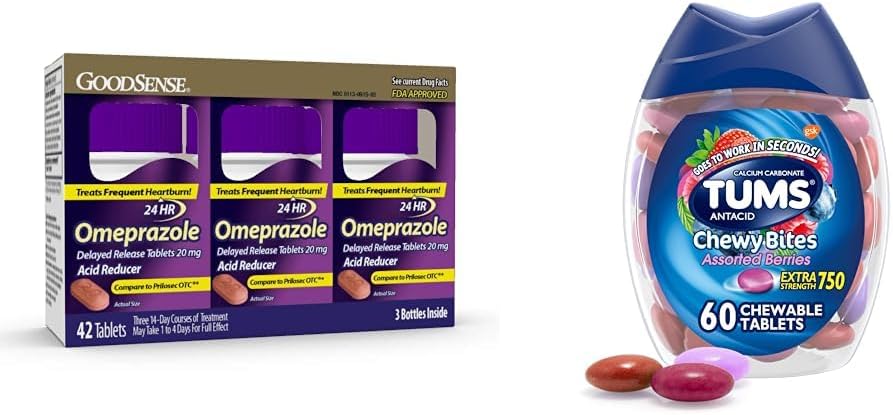 GoodSense Omeprazol Tablets 14 Count (3 Pack) og TUMS Chewy Bites Antacid Tablets 60 Count