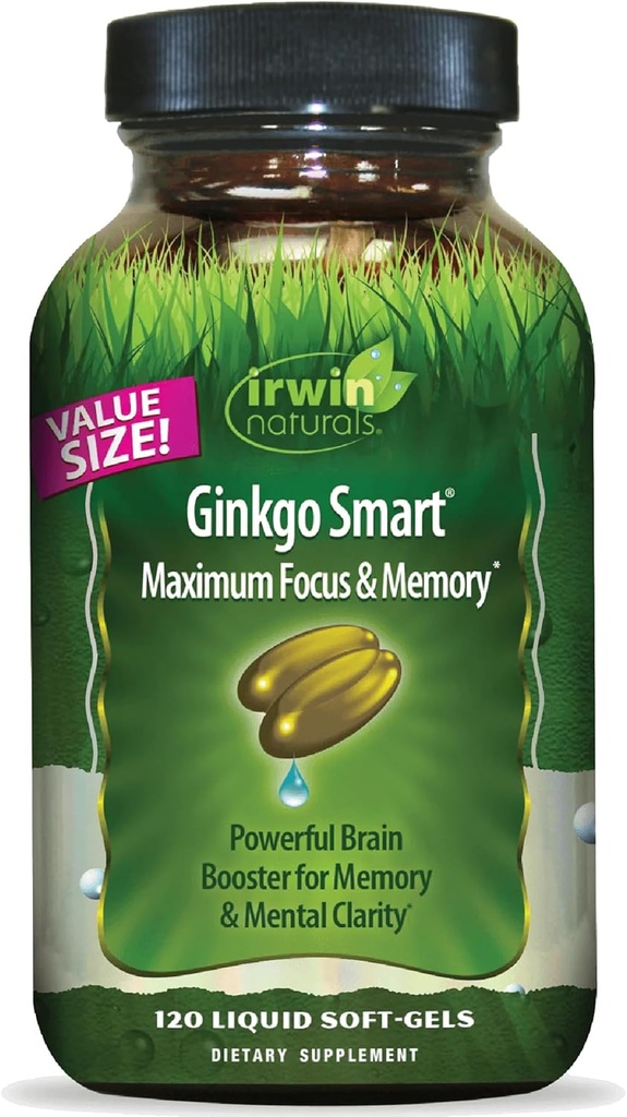 Irwin Naturals Ginkgo Smart kraftfuld Nootrop Brain Booster - understøtter maksimal hukommelse, Focus & Mental Klarhed med DMAE, Clubmoss, Cholin & Acetyl L- Carnitin - 120 flydende bløddele
