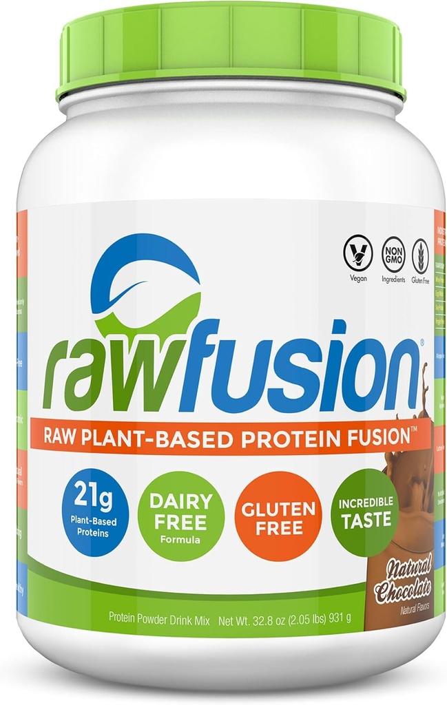 Rawfusion- Vegan Protein Powder, Natural Chocolate - 30 Serveringer, 21g Plantebaseret Protein, Lavnettarmaturer, non-Dairy, Gluten / Lactose Free, Soy Free, Kosher, non-GMO, 2lbs Pound