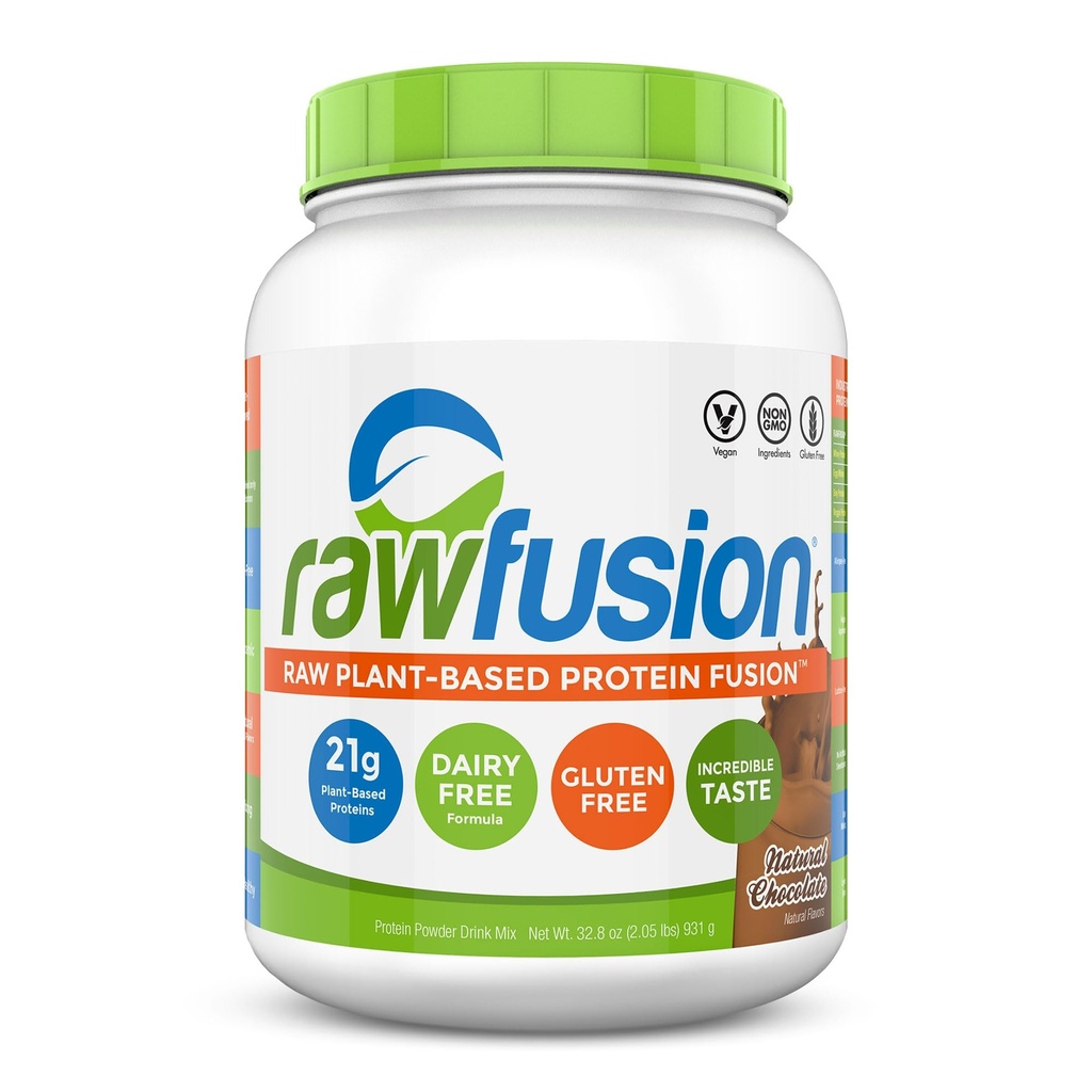 Rawfusion- Vegan Protein Powder, Natural Chocolate - 30 Serveringer, 21g Plantebaseret Protein, Lavnettarmaturer, non-Dairy, Gluten / Lactose Free, Soy Free, Kosher, non-GMO, 2lbs Pound