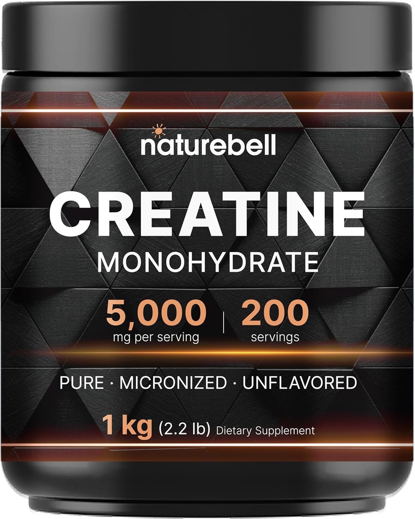 NatureBell Creatinine Monohydrat Powder 1.000g, 5.000mg Per Serving Mead124; Mikroniseret, Pure & Unflavored Mead124; Pre-Workout Muscle Support Mead124; Keto, Vegan, Filler- Free Mead124; 200 Servere (2,2 lb)