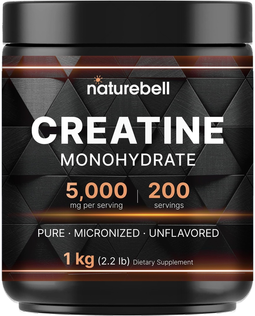 NatureBell Creatinine Monohydrat Powder 1.000g, 5.000mg Per Serving Mead124; Mikroniseret, Pure & Unflavored Mead124; Pre-Workout Muscle Support Mead124; Keto, Vegan, Filler- Free Mead124; 200 Servere (2,2 lb)