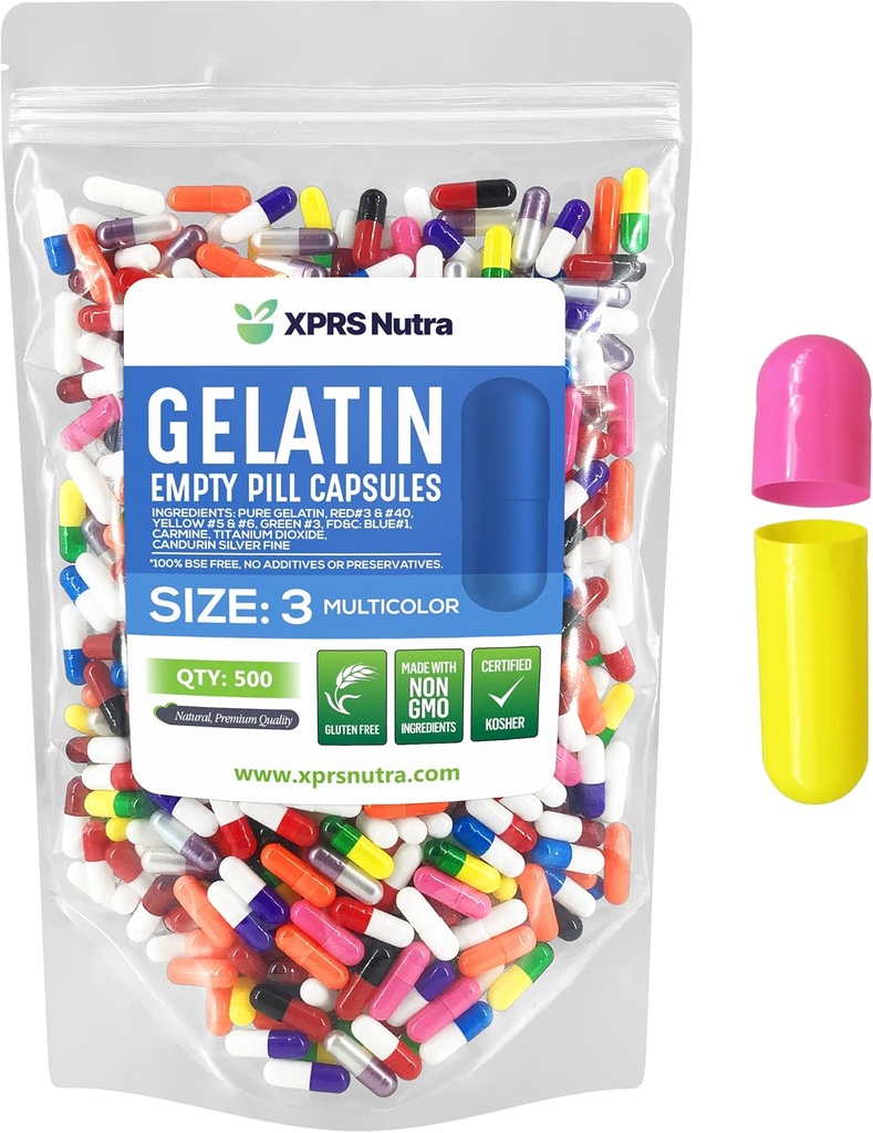 XPRS Nutra Størrelse 3 Tomme kapsler - 500 Tomme Gelatine kapsler - Piller gør det - Pure Bovine Pil Gel Caps Fyldelig Do- It- Yourself vitaminer og kosttilskud (Multi Color)