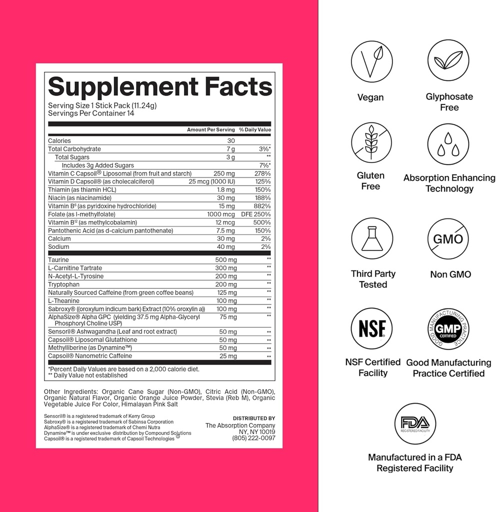 Absorption Company Energy Drink Powder Mix Pakninger - Clean Energy Booster til at understøtte Alerness med 150mg Natural Koffein & C-vitamin - Fruit Punch Flavor, 28 sticks