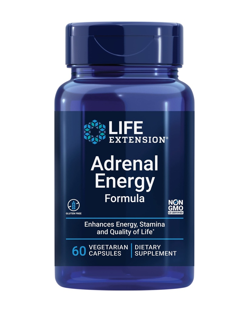 Life Extension Adrenal Energy Formel, Hjælp hæmme virkningerne af stress, hellig Basilikum, cordyceps, bacopa og ashwagandha, Gluten Free, Non- GMO, Vegetar, 60 Kapsler