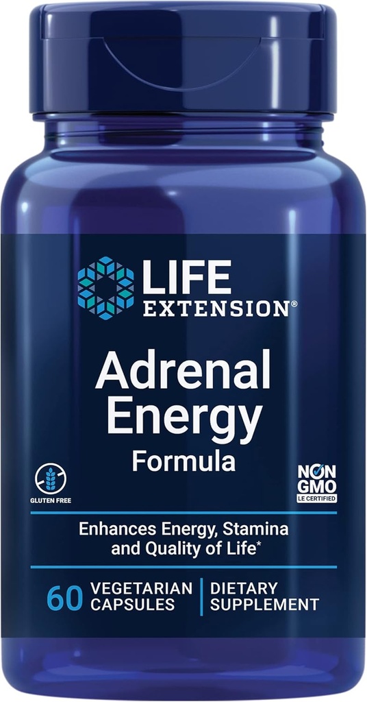 Life Extension Adrenal Energy Formel, Hjælp hæmme virkningerne af stress, hellig Basilikum, cordyceps, bacopa og ashwagandha, Gluten Free, Non- GMO, Vegetar, 60 Kapsler