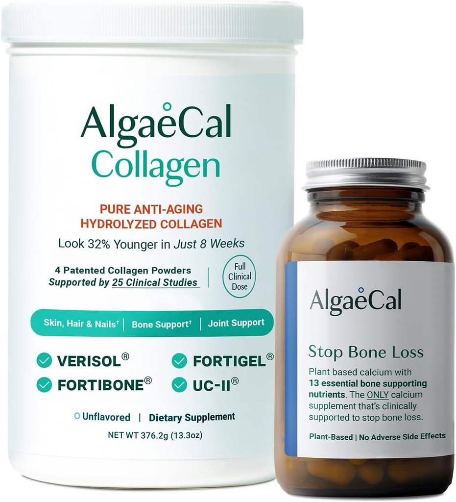 ALGAECAL Calcium & Collagen Bundle - Hydrolyzed Collagen Komplet med klinisk-støttet Verisol, Fortibone & Fortigel, Plus 13 ben støtte mineraler og vitamin D3 for ben sundhed & anti-aging