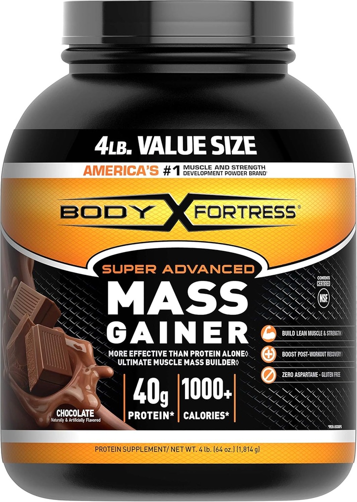 Body Fortress Super Advanced Mass Gainer, Chokolade Protein Plus Surplus kalorier til muskelmasse Gain Support 1-4lb. Jar