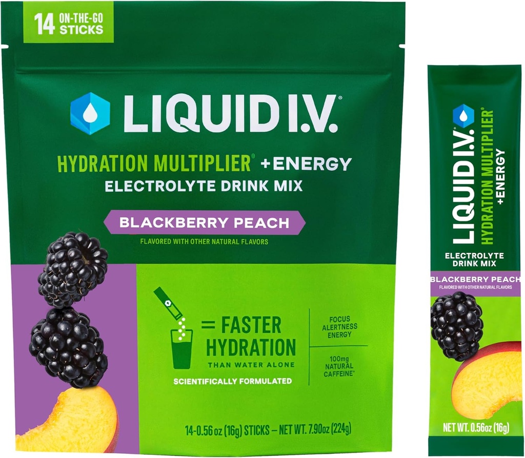 Flydende I.V. ® Hydration Multiplier + Energi Beeg 124; Blackberry- Peach Beeg 124; Elektrolyte Powder Drink Mix Tube 124; 3 Pack (42 Servere)