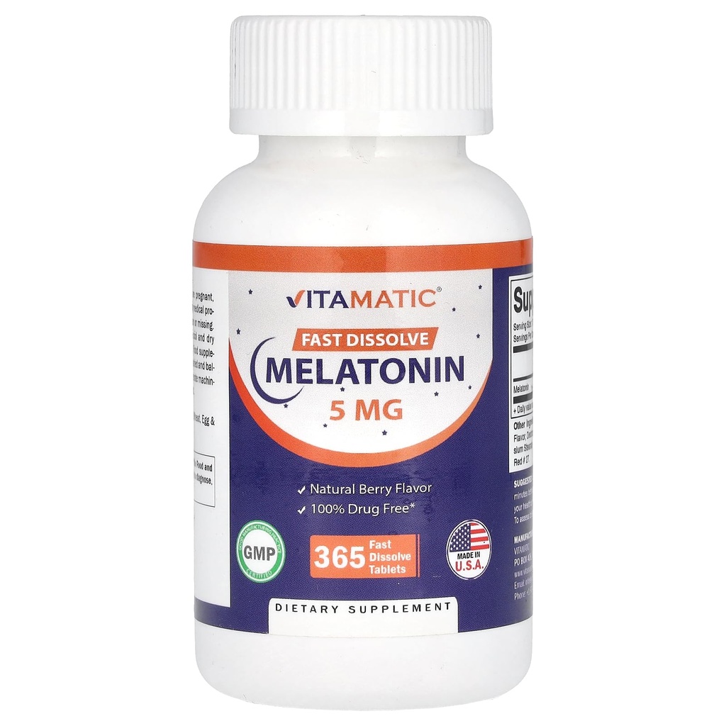 Vitamatisk melatonin 5 mg tabletter á 124; vegetarisk, ikke- GMO, gluten fri Tabletter