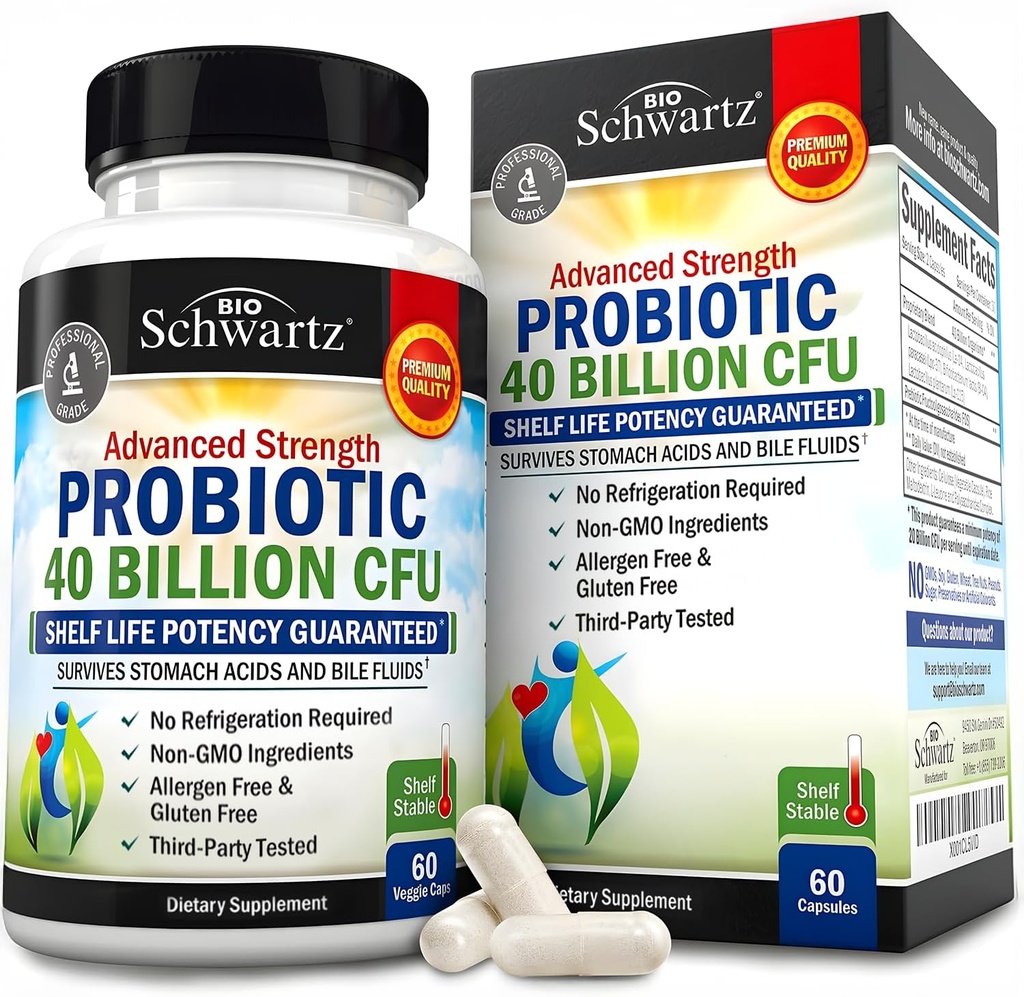BioSchwartz Daily Probiotic Nutritional Supplement - 40 Millioner CFU for Gut Health - Probiotika til mænd og kvinder - fordøjelsessundhed med Astragalus & Lactobacillus - Hylde Stable - 60 Greve