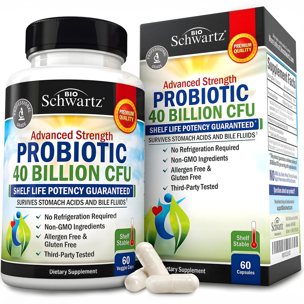 BioSchwartz Daily Probiotic Nutritional Supplement - 40 Millioner CFU for Gut Health - Probiotika til mænd og kvinder - fordøjelsessundhed med Astragalus & Lactobacillus - Hylde Stable - 60 Greve