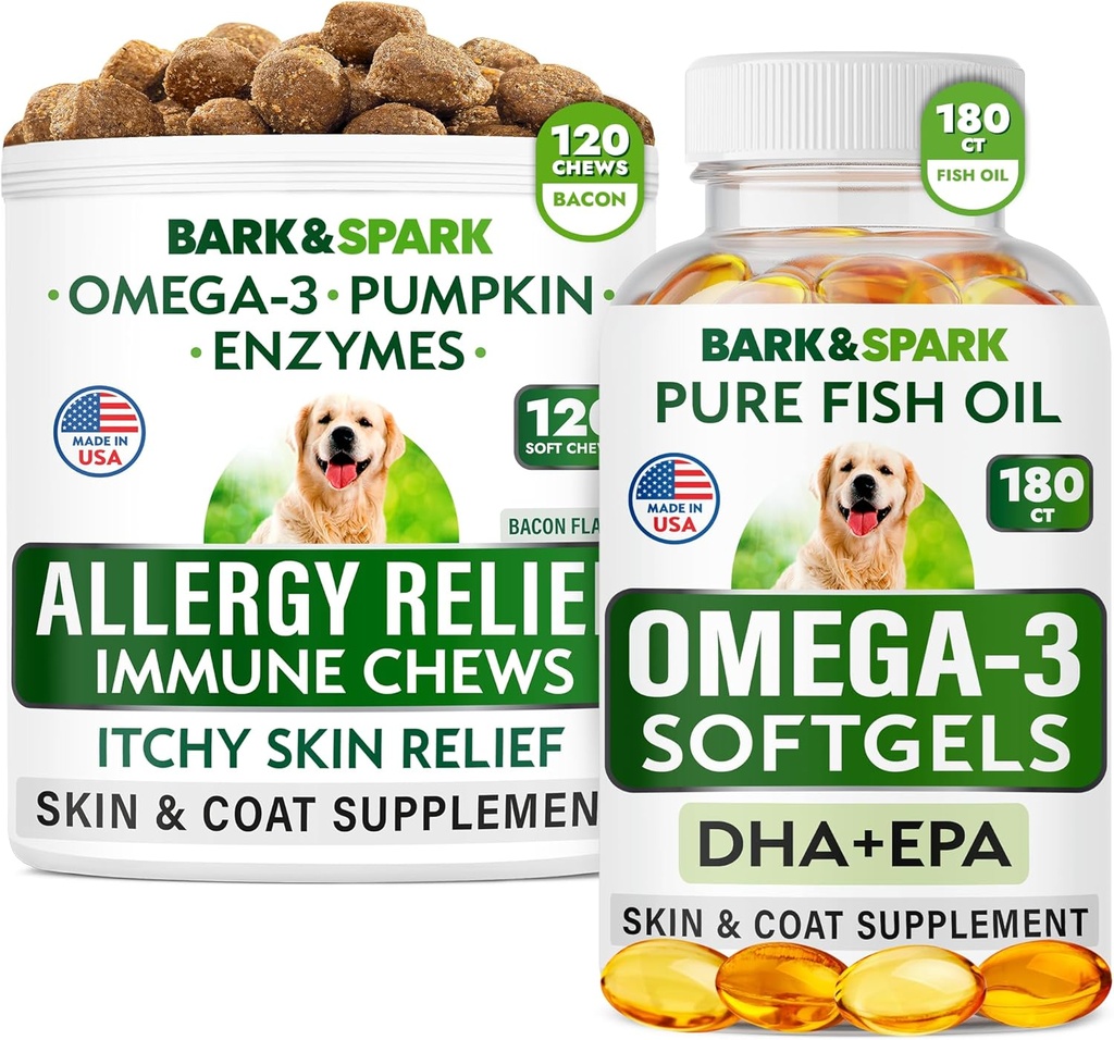Allergi Relief + Omega 3 Bundle - Anti- Itch Skin & Coat Supplement + Hud Allergi - Omega 3 Fish Oil + EPA & DHA Fedtsyrer - Kløe & Paw Licking + fælles sundhed - 120 Chews + 180 Softgels - Made in USA
