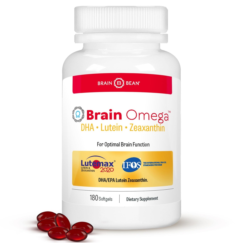 Hjerneomega med Lutein og Zeaxanthin - Omega 3 supplement til hjerne, hjerte & øje sundhed - 460 mg DHA, 90 mg EPA, Lutein og Zeaxanthin Kosttilskud - 180 Softgels (90 Servere)