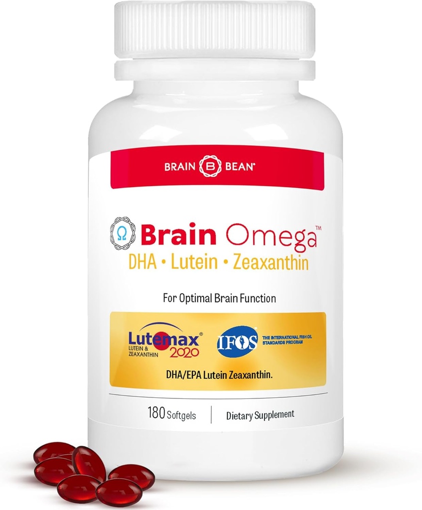 Hjerneomega med Lutein og Zeaxanthin - Omega 3 supplement til hjerne, hjerte & øje sundhed - 460 mg DHA, 90 mg EPA, Lutein og Zeaxanthin Kosttilskud - 180 Softgels (90 Servere)