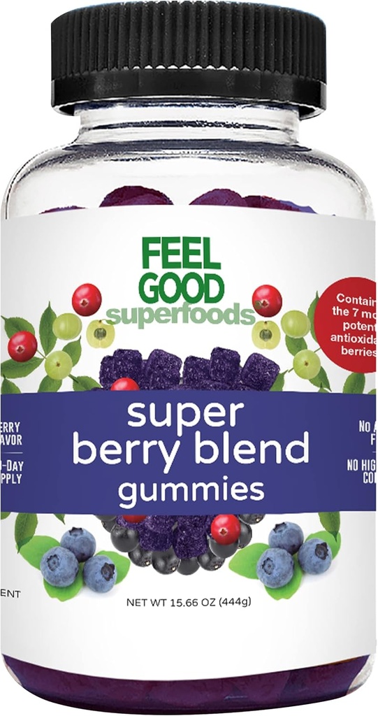 FeelGood Superfoods Super Berry Multivitamin Kosttilskud, Acai, Amla, Lingonberry, Maqui, Bilberry, og Aronia Berry Gummies, Berry Flavor, Vegan, Non- GMO, 60 Greve